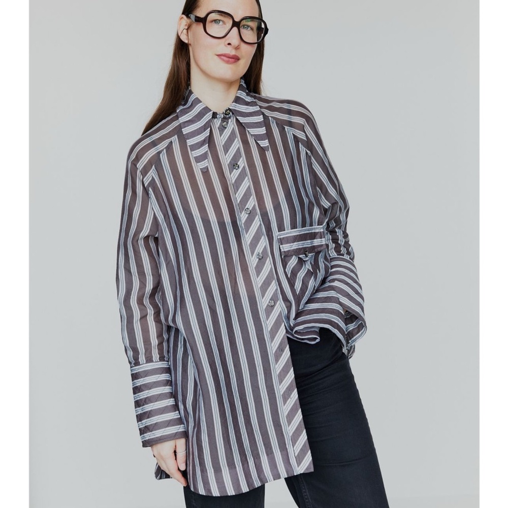 Ganni Striped Button-Down Shirt in Brown and White